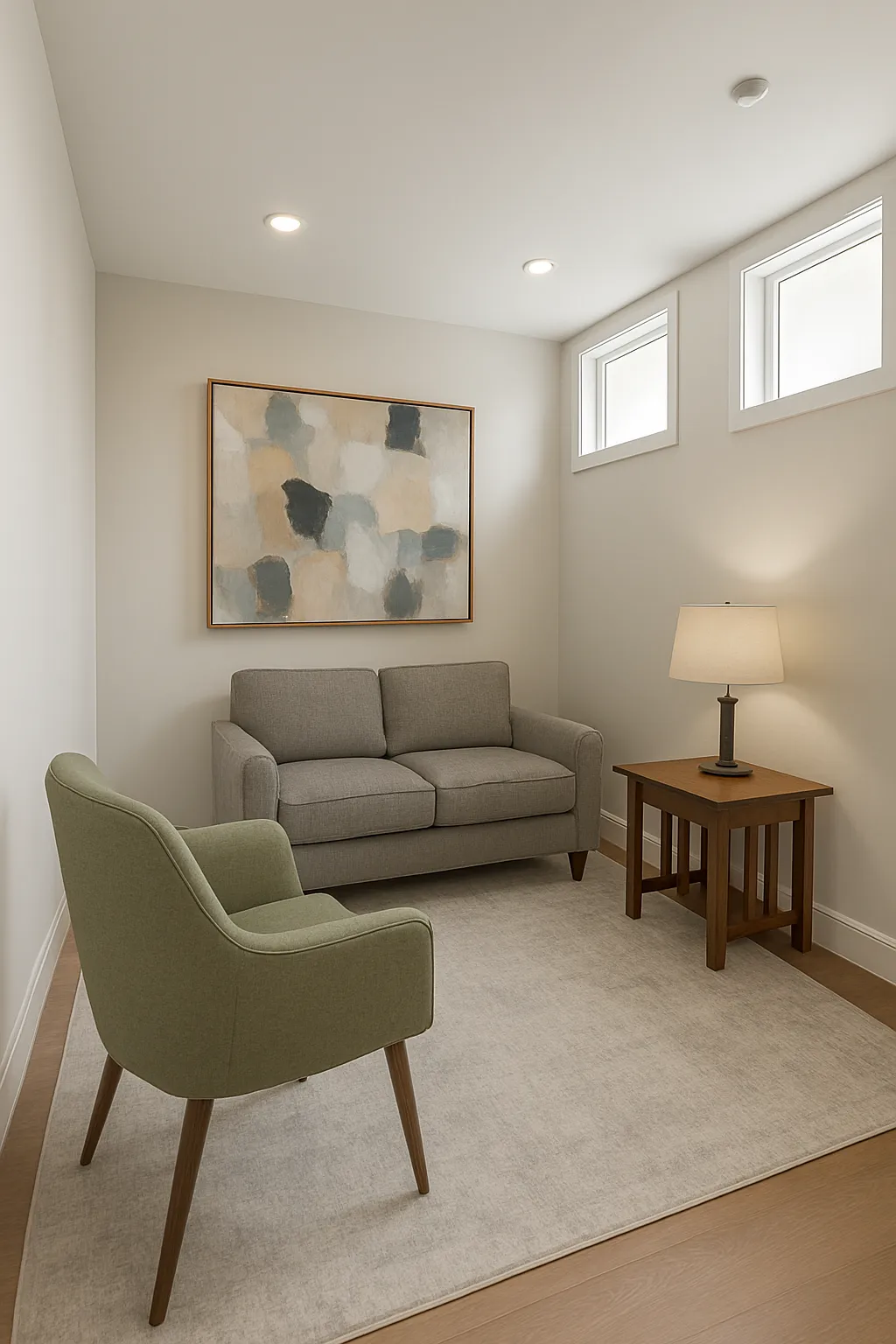 Calm therapy room with natural lighting and comfortable seating
